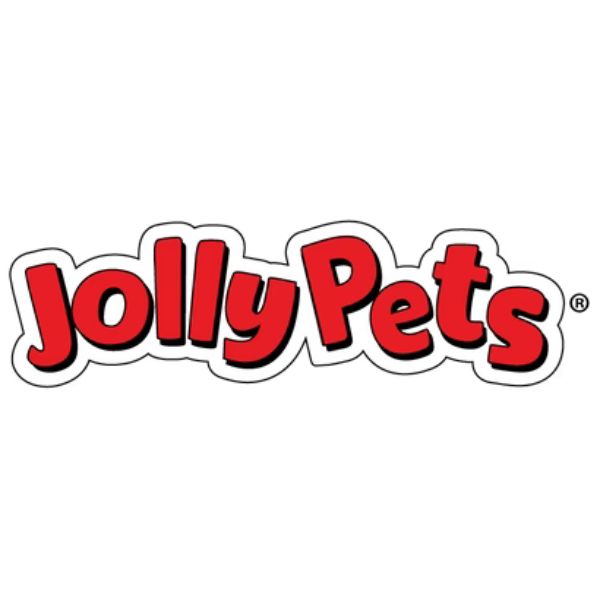 Jolly Pets logo with bold red text outlined in white and black, representing a brand known for durable and interactive dog toys.