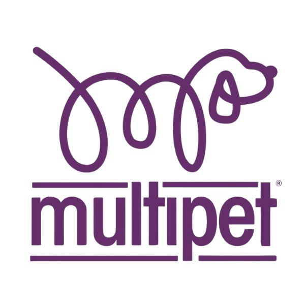 Multipet logo featuring a stylized purple dog illustration with the brand name in bold lowercase letters.