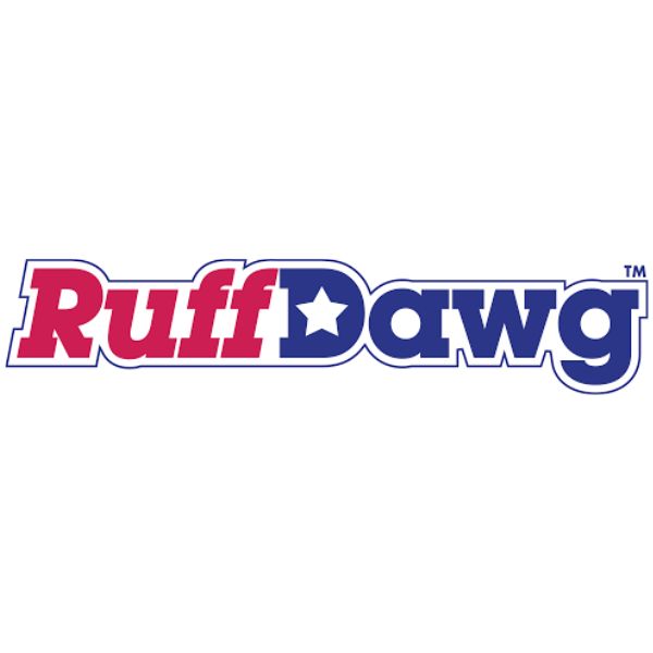 Ruff Dawg logo featuring bold red and blue text with a white star, representing a brand known for durable, USA-made dog toys.