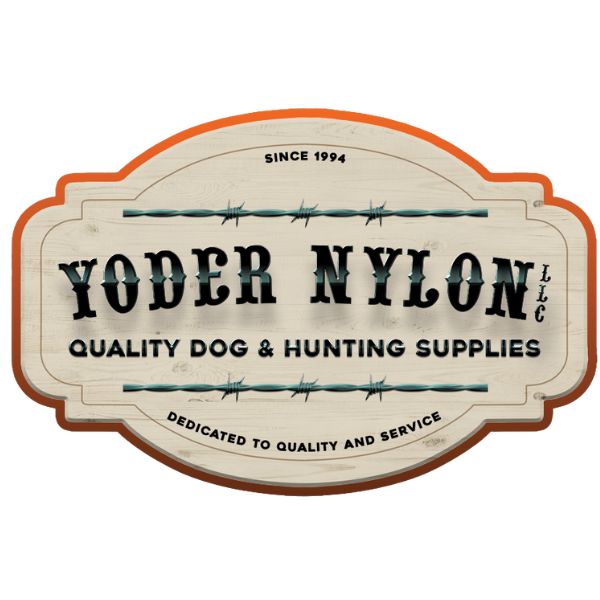 Yoder Nylon LLC logo with a rustic wood-style background, barbed wire design, and bold black text. Includes 'Quality Dog & Hunting Supplies' and 'Dedicated to Quality and Service' with 'Since 1994' at the top.