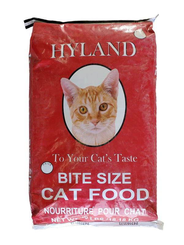 A red bag of Hyland brand cat food with a picture of a cat on the front, labeled as 'Bite Size Cat Food'.