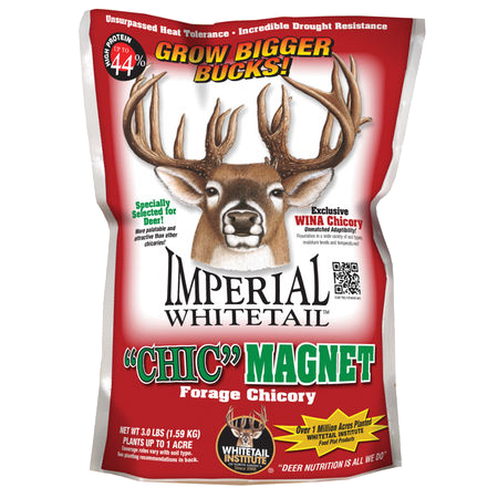 “Chic” Magnet chicory food plot mix can be planted alone, mixed with other seeds, or over-seeded into existing forages to provide gains in variety, attractiveness and drought-resistance. Last up to 3 years from a single planting.