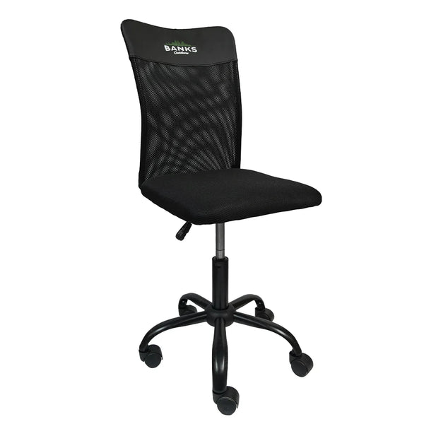 Banks roling chair with padded set and mesh back.