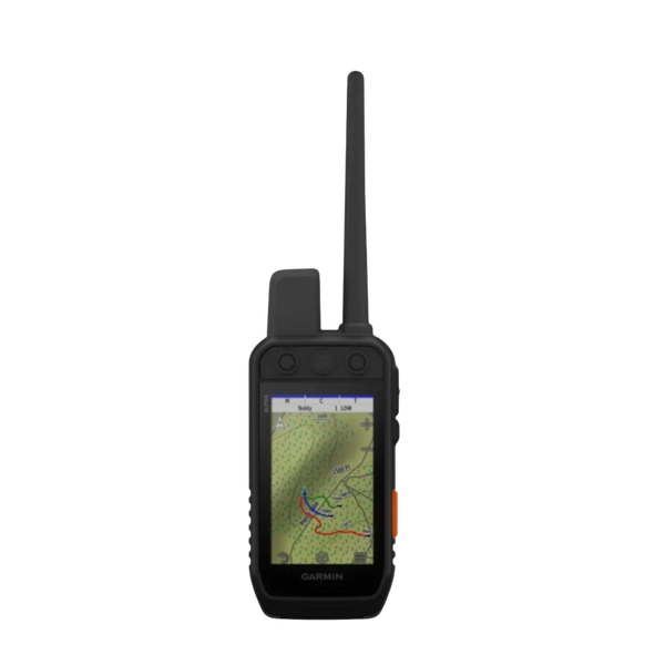 Garmin Alpha 300i handheld device with a map on the screen and a antenna on top, predominantly black color.