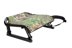 A camouflage tree stand with black frame and straps, designed for hunting.