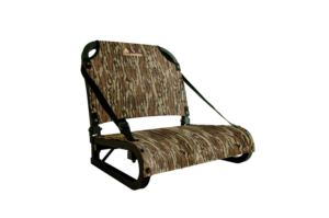A camouflage tree stand with a solid pattern and a visible brand logo on the top straps, designed for hunting.