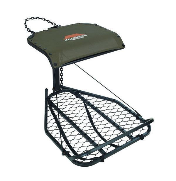 A black Millennium Steel Hang On with a footrest, model M-025-SL, featuring a comfortable seat and integrated footrest, folded for packing or standing.