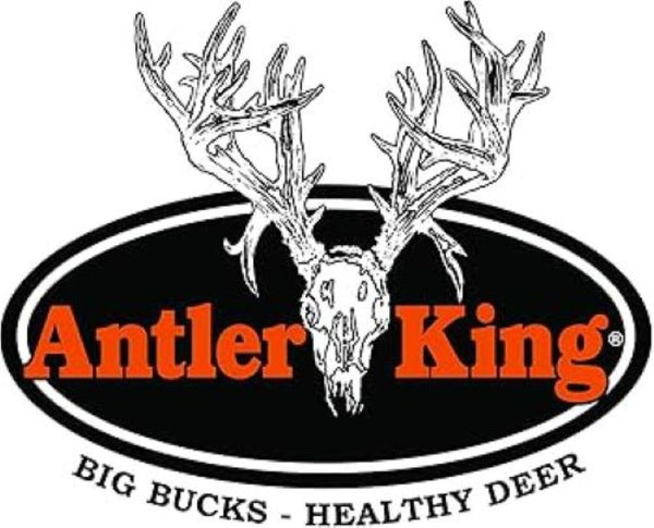  logo of "Antler King" prominently features a large deer skull with expansive antlers, complemented by bold, black and orange lettering that highlights the brand name. 