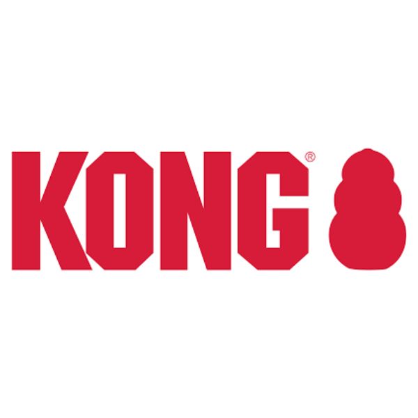 KONG logo in bold red text with an iconic rubber dog toy silhouette, representing a brand known for durable and interactive pet toys.