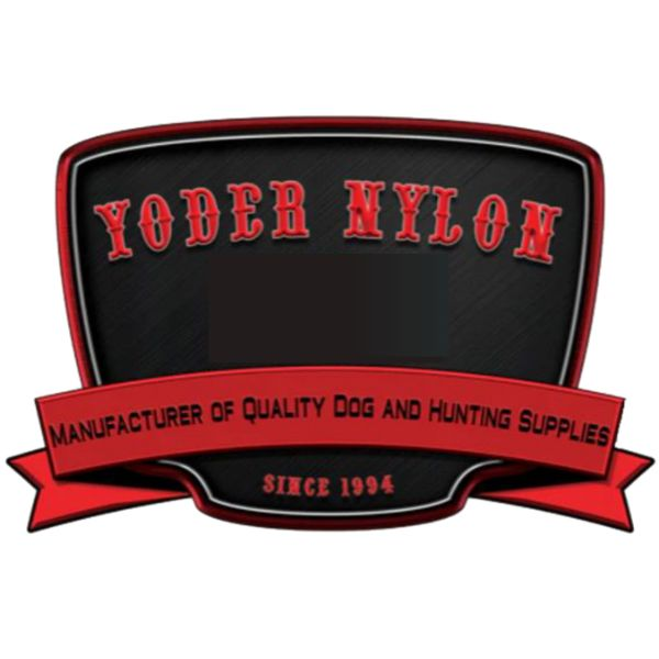 Yoder Nylon logo featuring a black and red shield design with bold red text. Banner states 'Manufacturer of Quality Dog and Hunting Supplies' with 'Since 1994' at the bottom