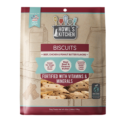 Howl’s Kitchen Vitamin and Mineral Biscuits are a classic, wholesome dog snack and so much more! Real Beef & Peanut Butter, Crunchy Texture Helps Clean Teeth