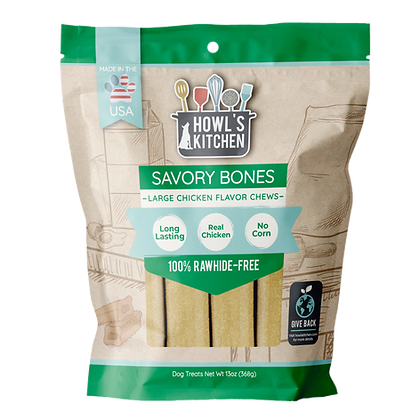 Howl’s Kitchen Chicken Savory Bones are the perfect boredom busters to keep your pup busy! Long lasting, Real chicken, No corn