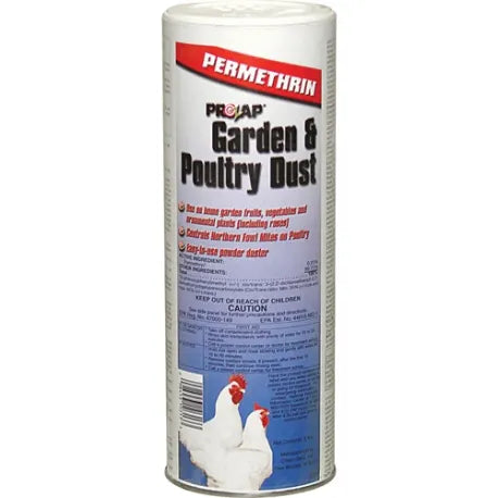 Easy to use 2 lb shaker container. Permethrin dust for use on poultry, garden plants and vegetables