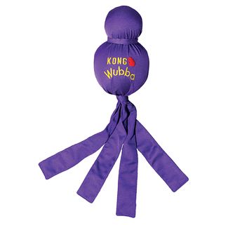 Durable reinforced nylon fabric covers two balls – a tennis ball on top and a squeaker ball beneath. The long tails make it easy to pick up and throw. Dogs love to squeak the Wubba and shake the flapping tails back and forth. Not a chew toy. Color varies.