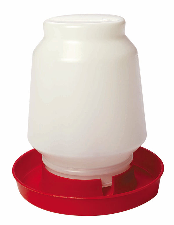 Complete gravity-feed poultry waterer with 1-gallon capacity, easy to fill screw on lid design