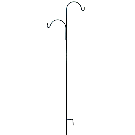 Two durable, black solid steel shephard hooks with offset hangers, dual hooks are perfect for showcasing a bird feeder and wind chimes