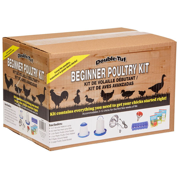 Great for poultry, waterfowl and game bird chicks. Accommodates 3-12 chicks for the first few weeks of life. Kit includes 10.5" brooder reflector lamp, 250W red heat lamp bulb, 1.5 lb plastic poultry chick feeder, 1.5 qt plastic poultry chick waterer, 8" plastic ground feeder and 12-page poultry guide booklet.