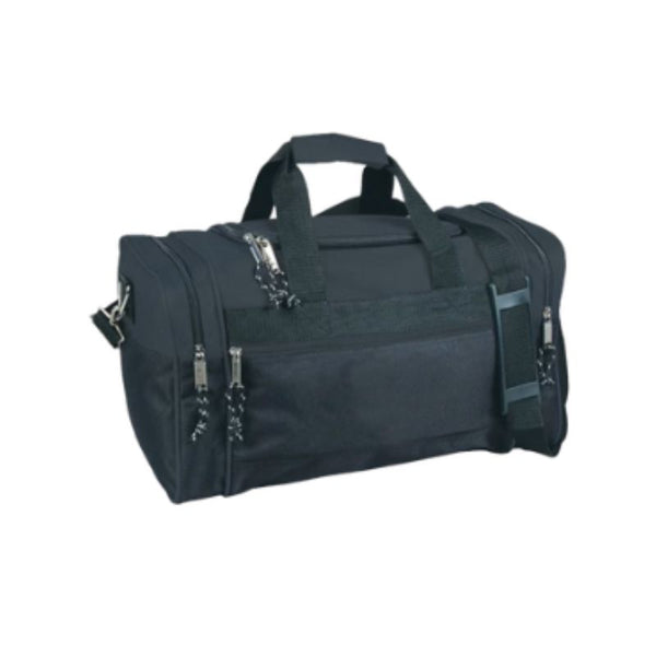 Black duffel bag with multiple zippers 