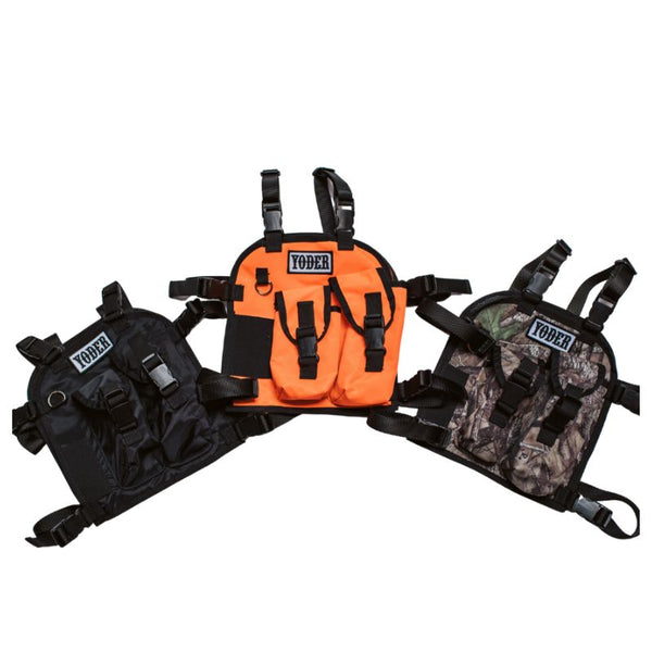 Three different colored vests with 'Yoder' branding on a white background