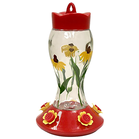 Heath Outdoor Products Blooming' Susan's Glass Hummingbird Feeder is a beautiful addition to any backyard. This hand-painted feeder holds up to 28 ounces of nectar and offers 5 bee-proof feeding ports. Easy to refill and clean.