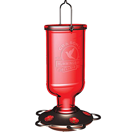 Red vintage antique glass bottle with burnt penny base. Five integrated perches and red color will attract hummingbirds all season long. Holds 13 fluid ounces.