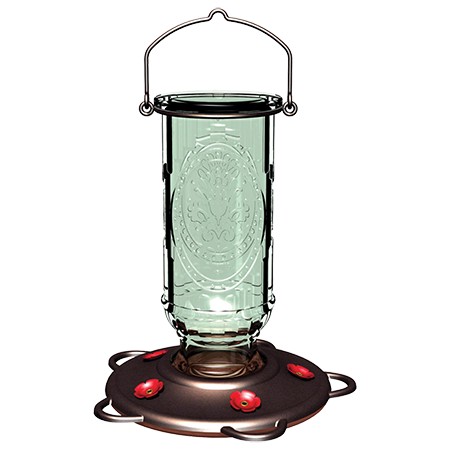 Vintage antique glass bottle with burnt penny base.Five integrated perches will attract hummingbirds all season long, holds 20 fluid ounces