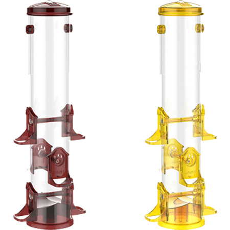 Durable polycarbonate tube protects and contains seed. Allows you to see when feeder needs to be refilled. 6 feeding ports with perches, Can be pole mounted or hung. Holds 3 pounds of seed