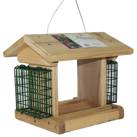 This bird feeder is the right choice for attracting a real variety of birds. Features a covered feeding area, and two suet cages.