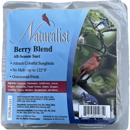 Naturalist berry blend suet is blended using only the finest ingredients. This suet will attract a wide variety of birds
