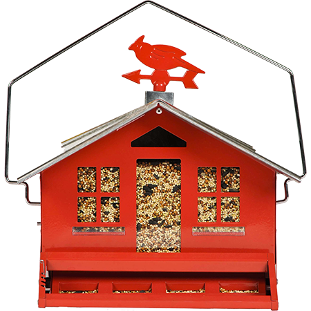 Weight activated system prevents squirrels from feeding. Durable, all metal construction. Can be hung or pole mounted, holds up to 8lbs of seed.