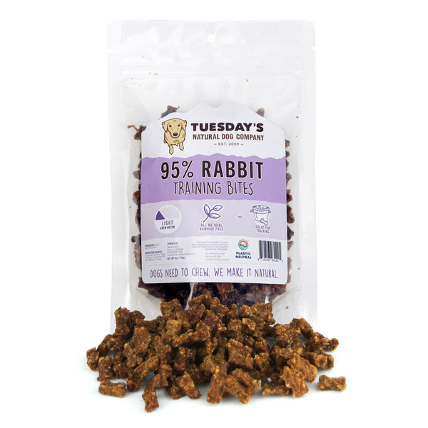 95% Rabbit Training bites, this is the ideal treat for picky dogs, allergy dogs, or dogs with sensitive stomachs