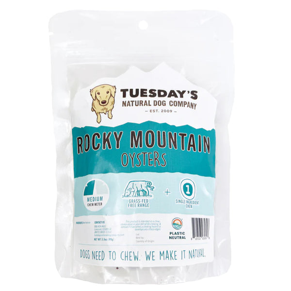 Rocky Mountain Oysters are high in protein and fiber which is great for digestive health. High in Protein and a great treat that dogs go nuts for!