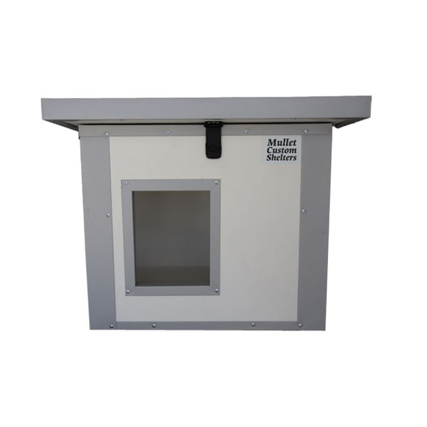 Grey and white small dog house with a window 