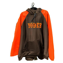 Brown and orange hoodie with 'Yoder' text