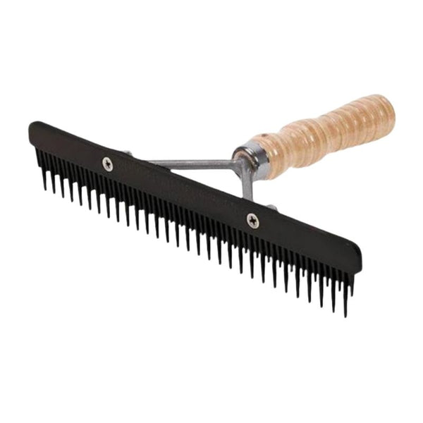 Plastic fluffer tool with a wooden handle on a white background