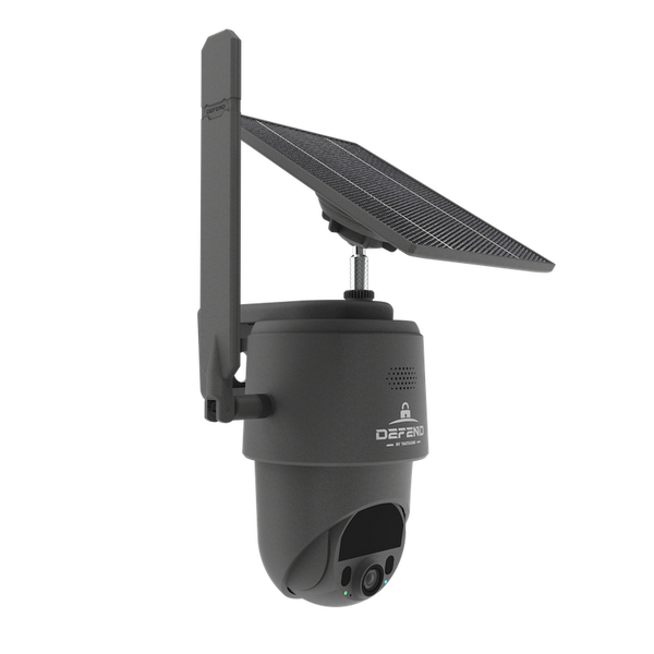 Outdoor security camera with solar panel on a white background