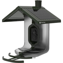 Solar-powered bird feeder with a black, green and silver design on a white background