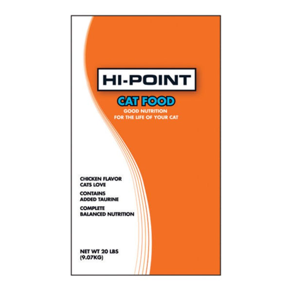 Hi-Point cat food orange and white package 20lb bag on white background