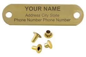 Brass collar tag with hammer on brass rivets can be attached to any collar.