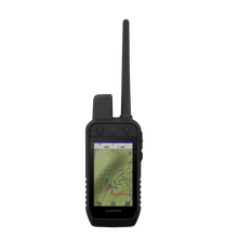 Garmin Alpha 300 handheld device with a map on the screen and a antenna on top, primarily in black color.