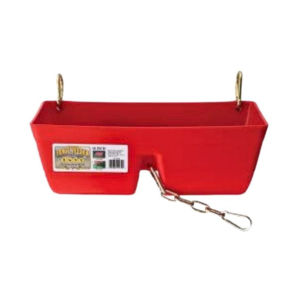 A red Miller 16 inch fence feeder with a chain and clips for hanging on wire fencing.