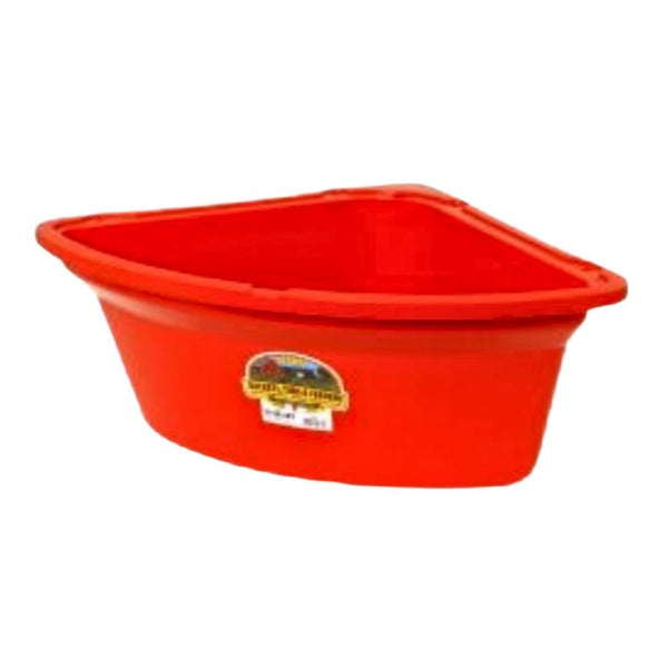 A red Miller plastic corner feeder with a white label in the center on a white background.