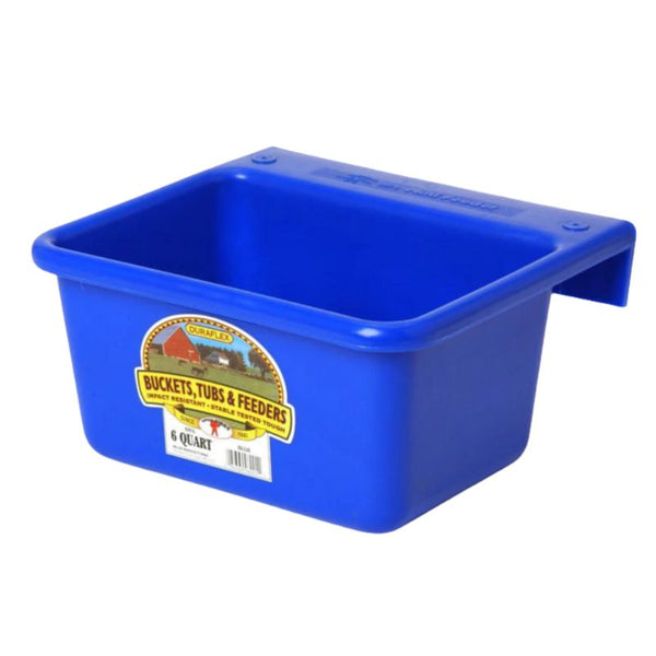 Blue plastic mini feeder with a label on a white background