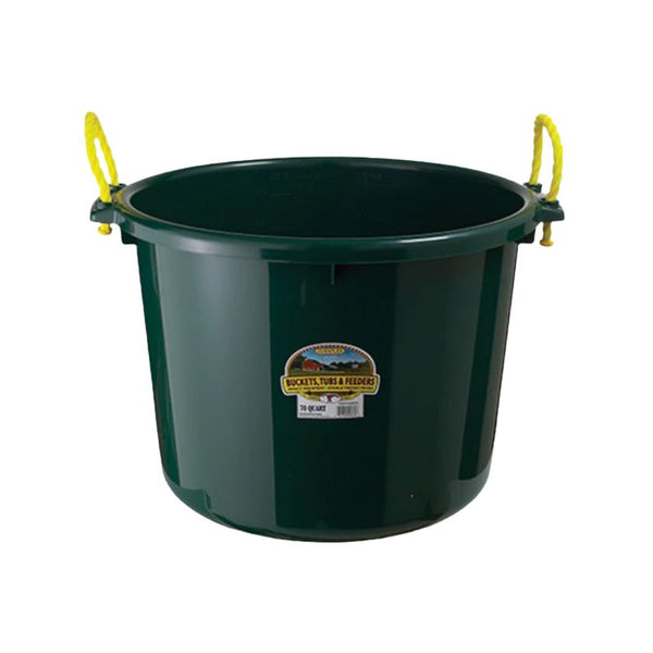 Green Miller 70 quart muck tub with yellow handles on a white background