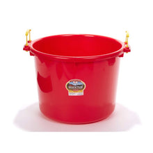 Red Miller 70 quart muck tub with yellow handles on a white background