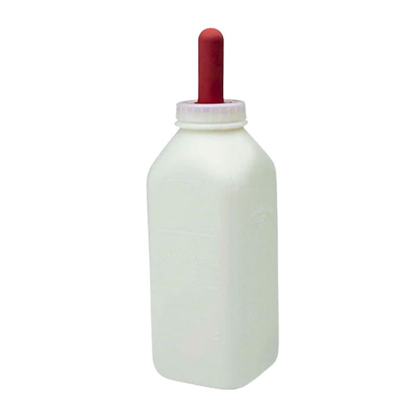 A 2 quart Miller calf bottle with screw on nipple on a white background
