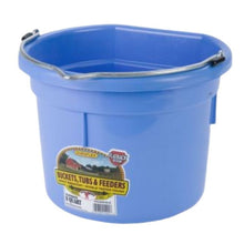 A berry blue plastic flatback bucket with a label that includes the text 'Miller', 'Tubs & Feeders' on a white background.