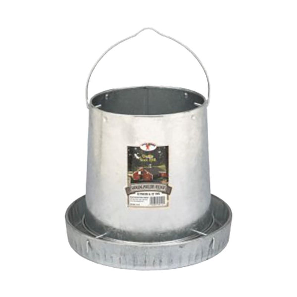 Galvanized metal chicken feeder with a hanging handle and a label indicating 'Chicken Feeder King'. on a white background
