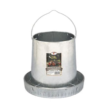 Galvanized metal chicken feeder with a hanging handle and a label indicating 'Chicken Feeder King'. on a white background