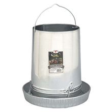 Galvanized metal chicken feeder with a hanging handle and a label indicating 'Chicken Feeder King'. on a white background